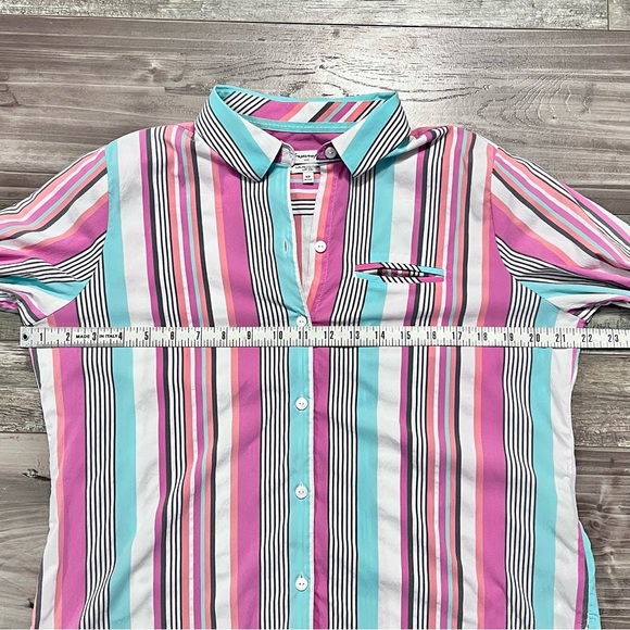 Foxcroft Reese Stripe Seersucker UPF Top Size 10P Colorful Wrinkle Free Roll Tab - Picture 15 of 16